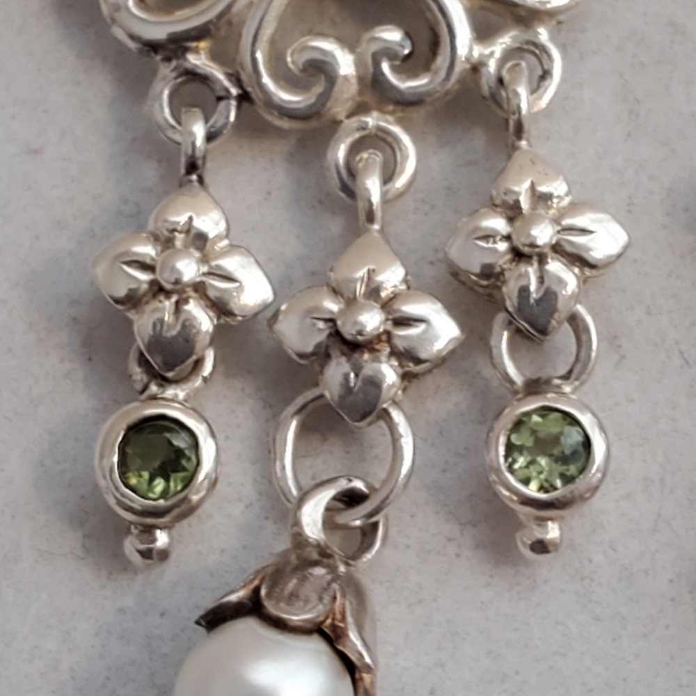 Sterling Silver Chandelier Earrings with Peridots and Pearls - Picture 7 of 16